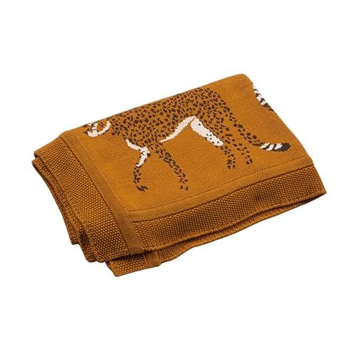 Creative Co-Op Soft Cotton Knit Baby Blanket with Decorative Cheetahs Mustard Color
