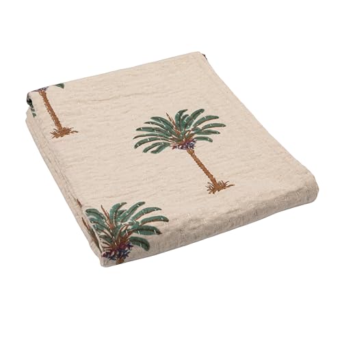 Creative Co-Op Cotton Linen Blend Block Printed Throw with Palm Trees and Kantha Stitch Natural Green and Brown