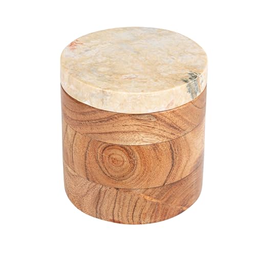 Creative Co-Op Round Acacia Wood Container with Marble Lid Natural and Yellow Melanges