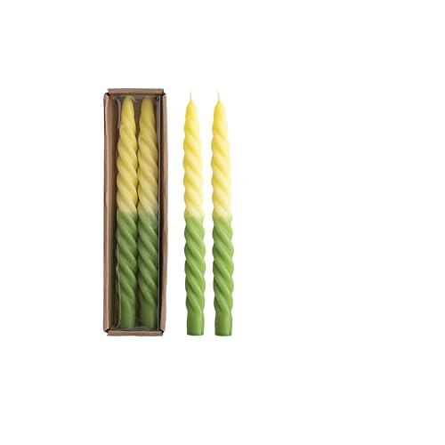 Creative Co-Op Tall Unscented Twisted Taper Candles Yellow Ombre and Green Color Set of 2