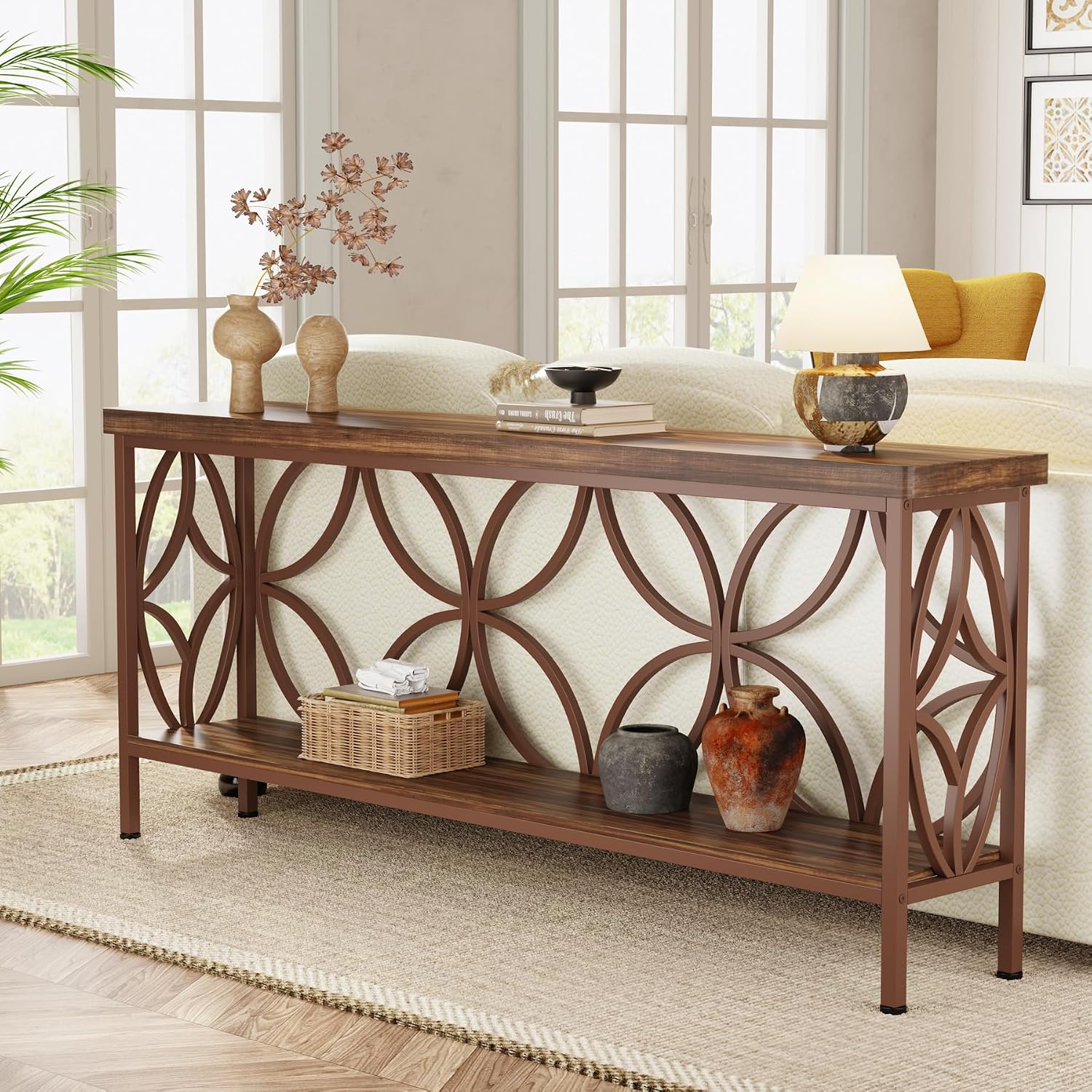 Tribesigns 70.9-Inch Narrow Sofa Table Industrial Long Sofa Table Behind Couch Entry Console Table with Storage for Entryway Living Room Foyer Unique Design Brown Glossy