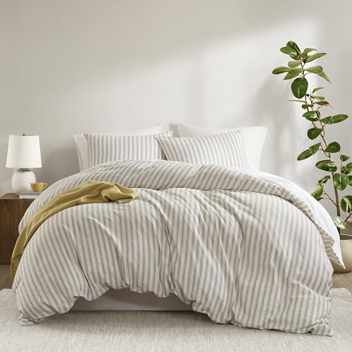 Madison Park Striped Duvet Cover Set Queen Linen Cotton Rayon Blend Tan