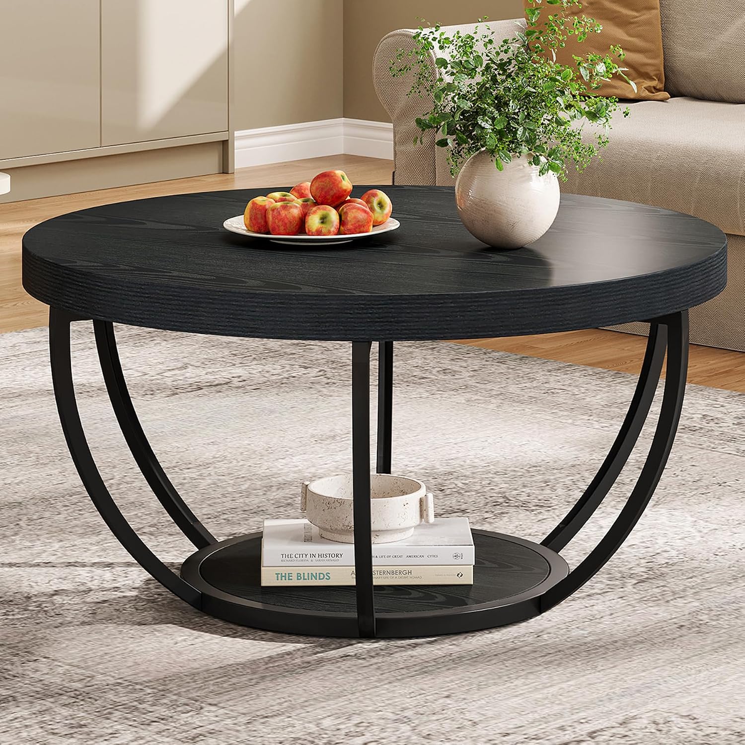 Tribesigns Round Coffee Table with Storage 31.7 Black Living Room Table