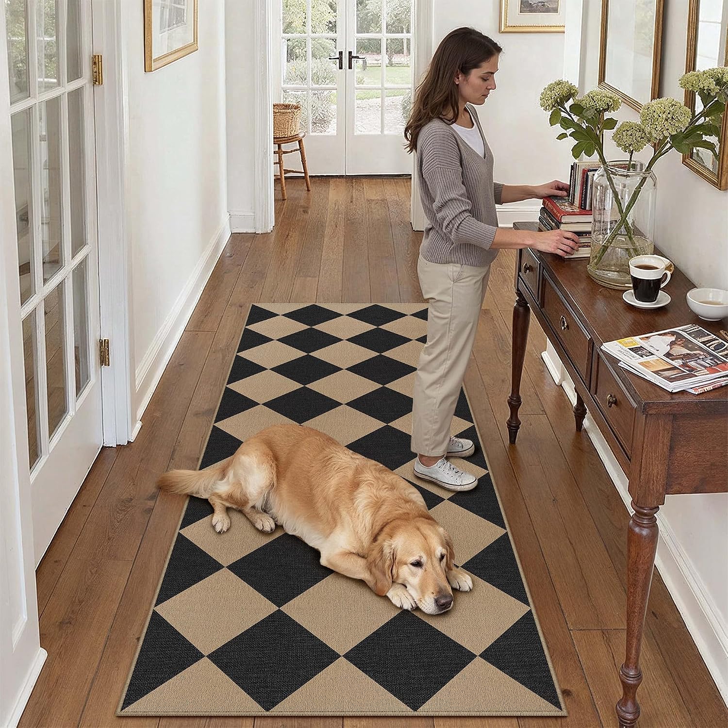 PureCozy 2x6 Black Checkered Washable Runner Rug Indoor Outdoor Non Slip