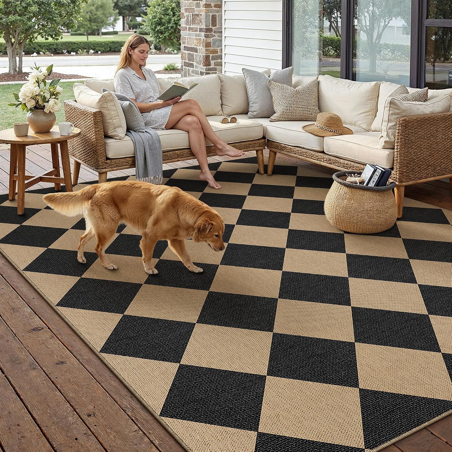 PureCozy 5x7 Black Checkered Washable Area Rug Indoor Outdoor Non Slip