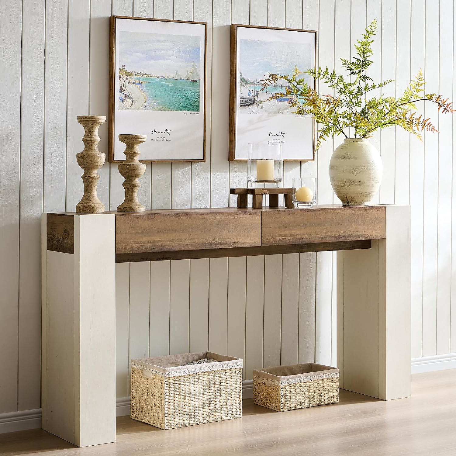 OKD 63 Console Table with Drawers Thick Block Entryway Table White