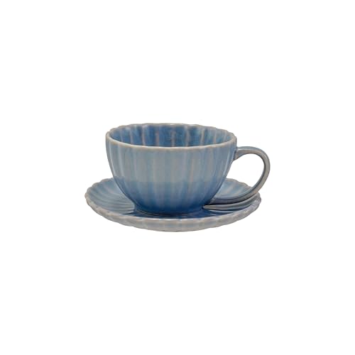 Creative Co-Op 10-Ounce Stoneware Ribbed Mug with Saucer in Reactive Glaze Light Blue