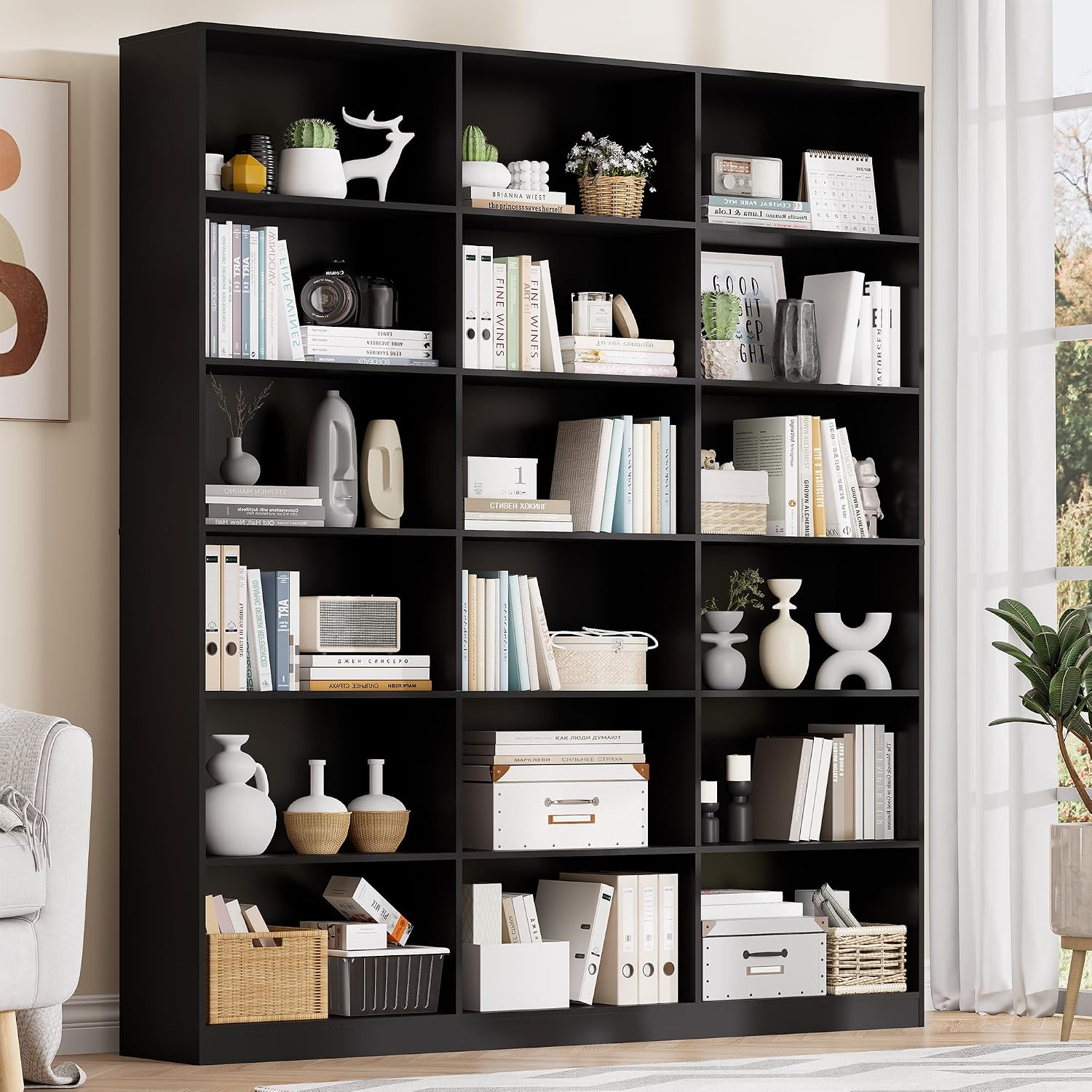 Odeekea 71.6” Tall Bookshelf Black Bookcase with 18 Shelves Triple Row Freestanding Display Storage Shelvesm 6 Tier Wide Book Case for Bedroom Living Room Home Office