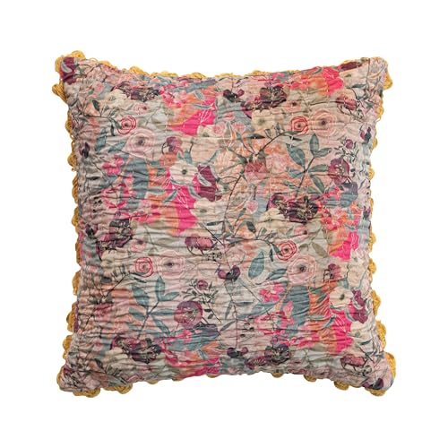 Creative Co-Op Velvet Printed Square Pillow with Kantha Stitch Pom Poms & Chambray Back Multicolor