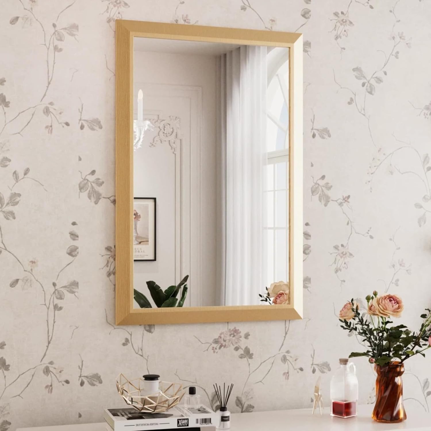 Amorho Bathroom Mirror for Wall 24 X36 Inch Metal Framed (Gold Frame)
