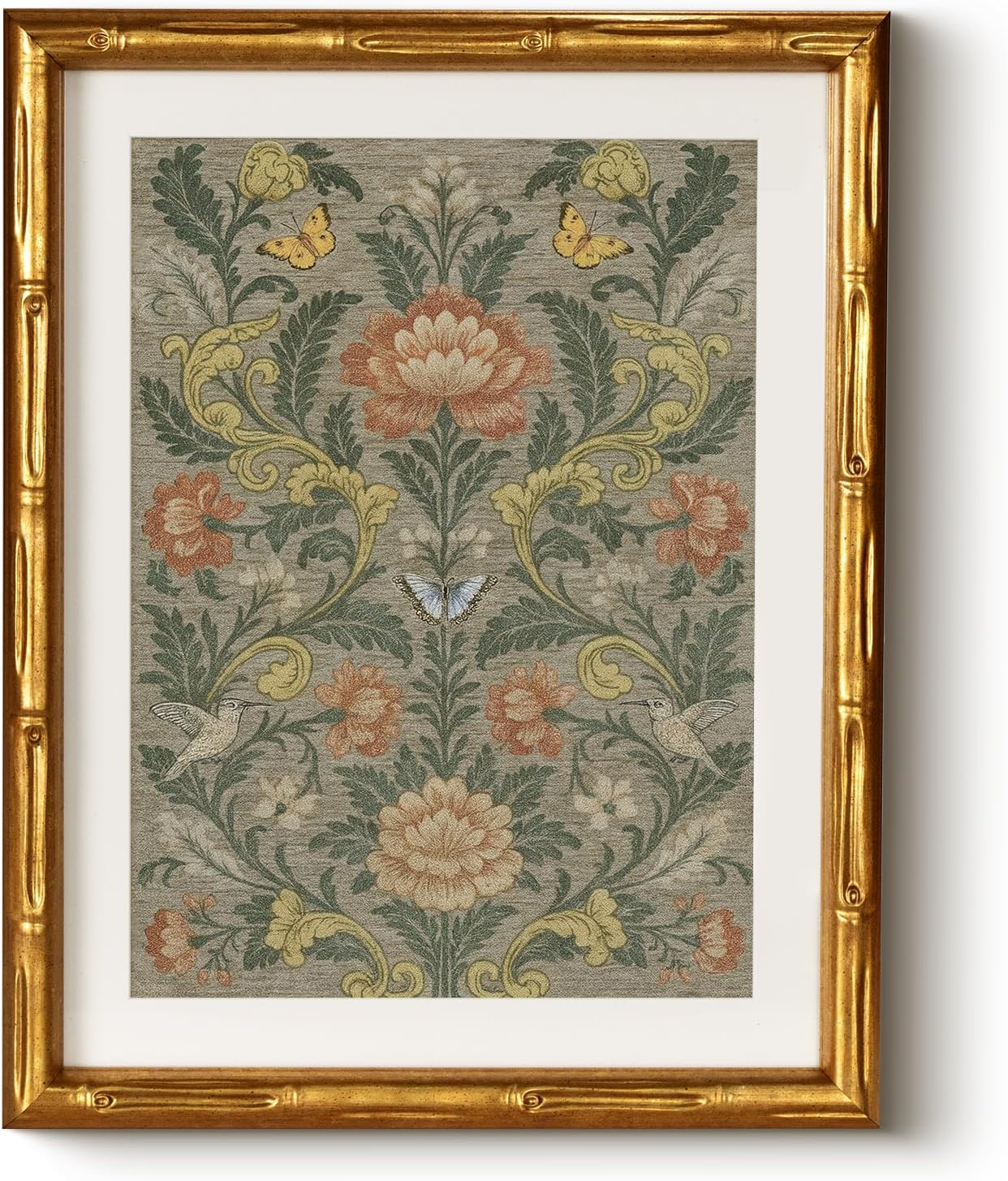 Vintage Botanical Butterflies Flowers Wall Art 11x14 Gold Bamboo-Textured Framed Canvas Print Acrylic Cover Classic Garden Painting Floral Artwork Room Bedroom Entryway Home Office Décor