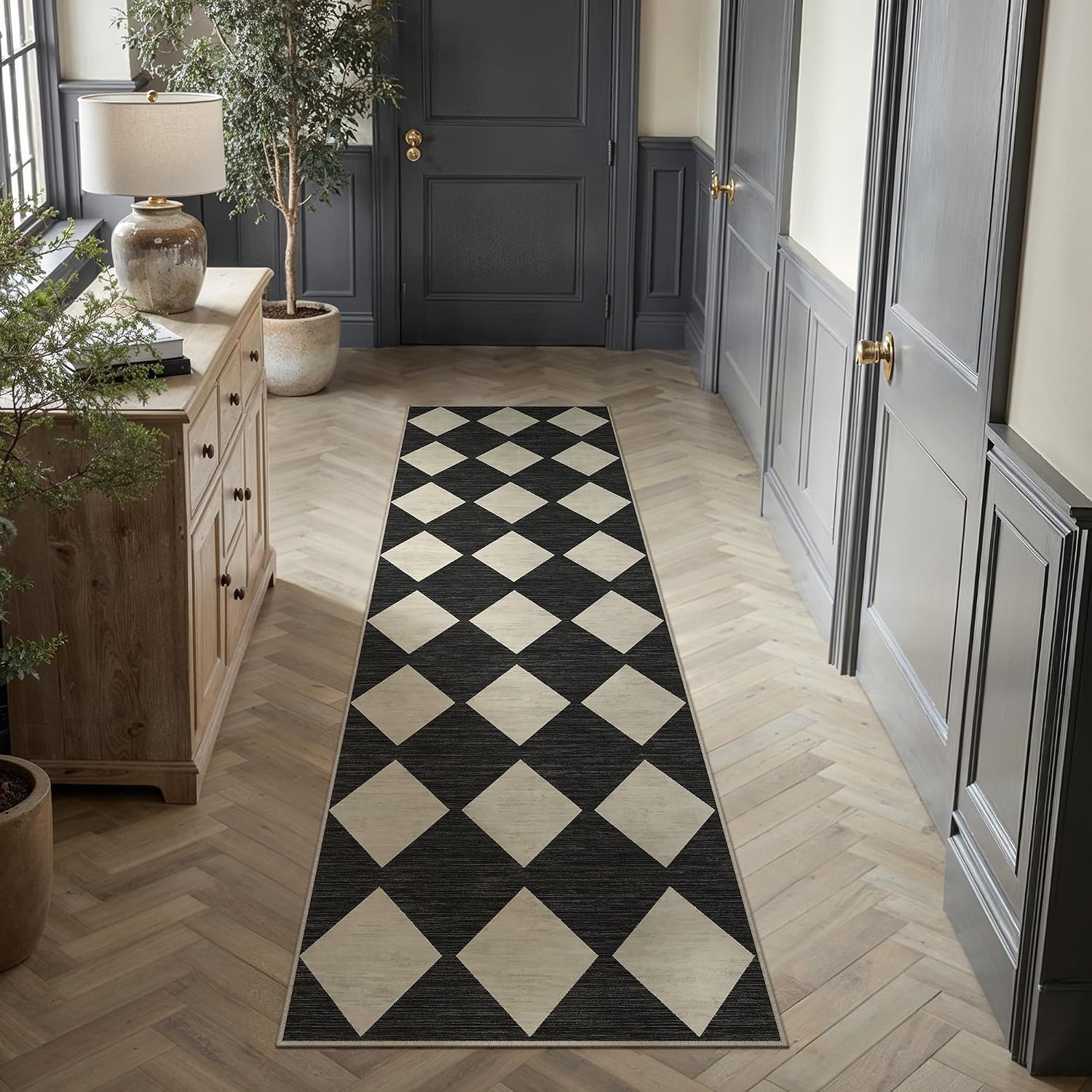 PureCozy Black 2x8 Washable Runner Rug Kitchen Non Slip Checkered Carpet