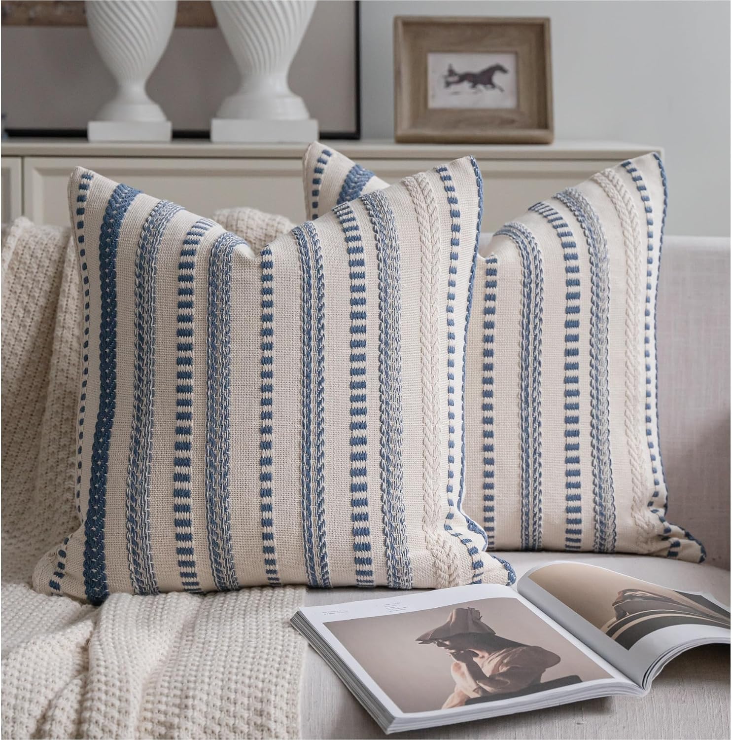 Cethom Blue and Beign Boho Throw Pillow Covers 20x20 Inch Set of 2 Stripe Textured Decorative Couch Pillow Cases for Bed Sofa Living Room Bedroom Farmhouse Home Accent Cushion Covers