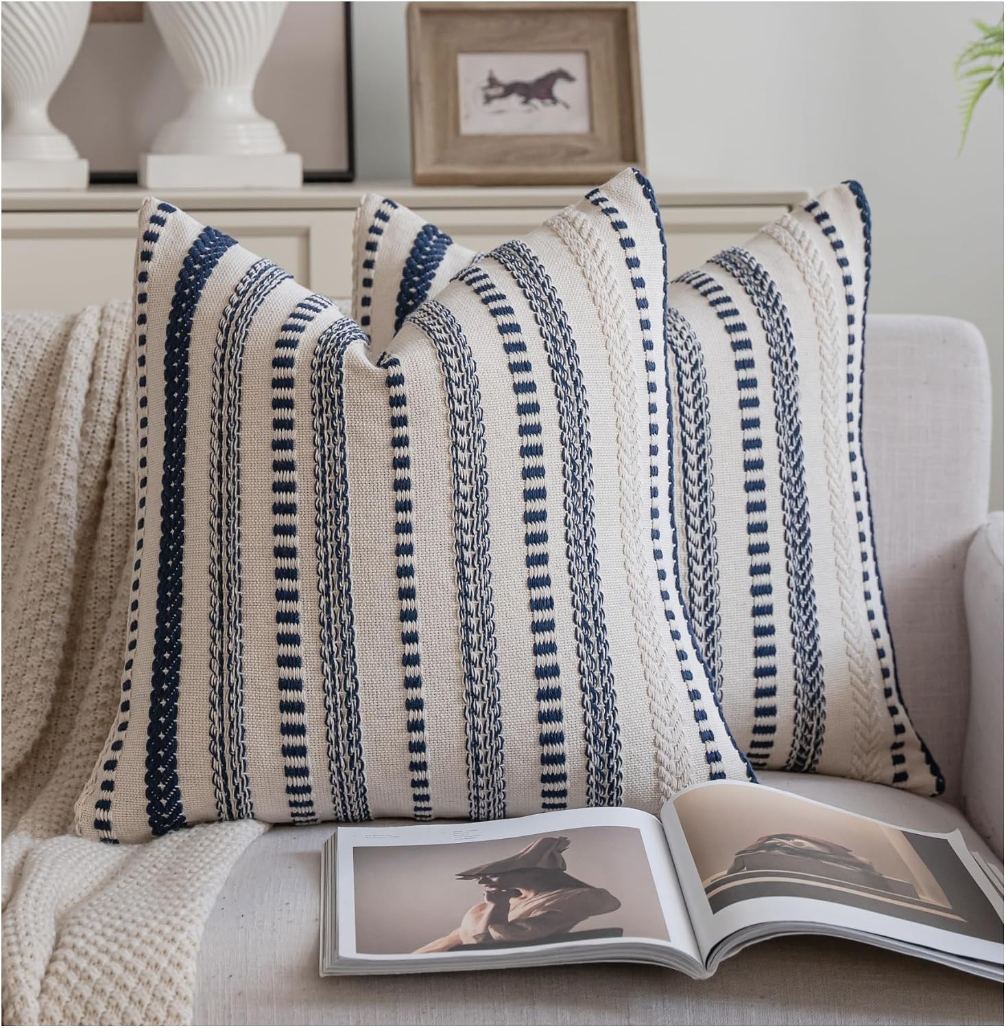 Cethom Navy Blue Boho Throw Pillow Covers 18x18 Inch Set of 2 Stripe Textured Decorative Couch Pillow Cases for Bed Sofa Living Room Bedroom Farmhouse Home Accent Cushion Covers