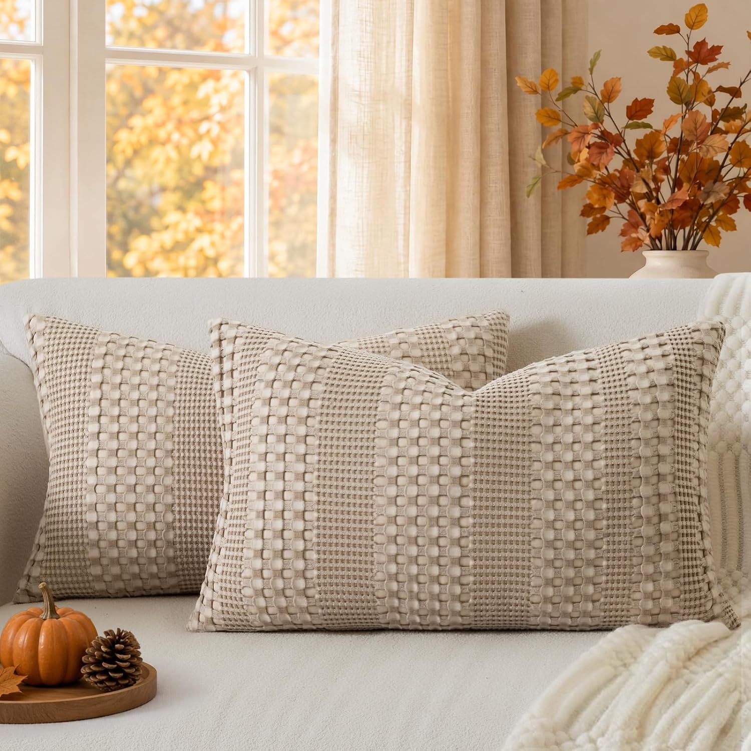a moment 2 Pack Bamboo Fiber Pillow Covers - Waffle Weave Ultra Soft & Breathable Skin-Friendly Cotton Throw Pillow for Couch Sofa Bedroom Living Room 12x20 Inch Khaki