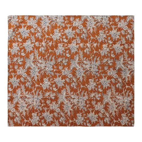 Creative Co-Op Cotton Voile Printed Throw with Florals and Hand-Embroidered Kantha Stitch Gold Color Blue and White