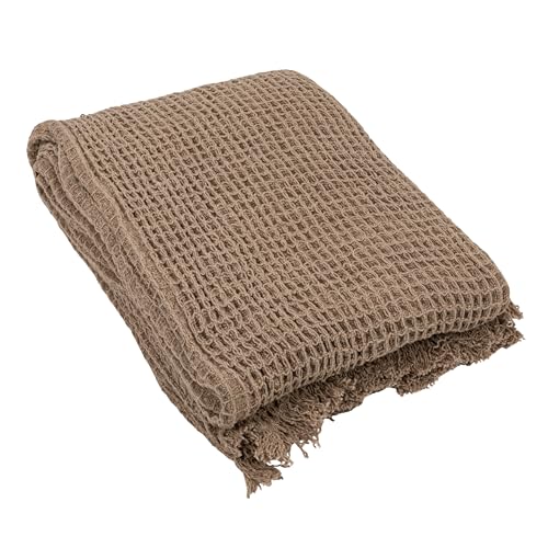 Creative Co-Op Cotton Waffle Weave Throw Blanket with Eyelash Fringe Tan and Brown