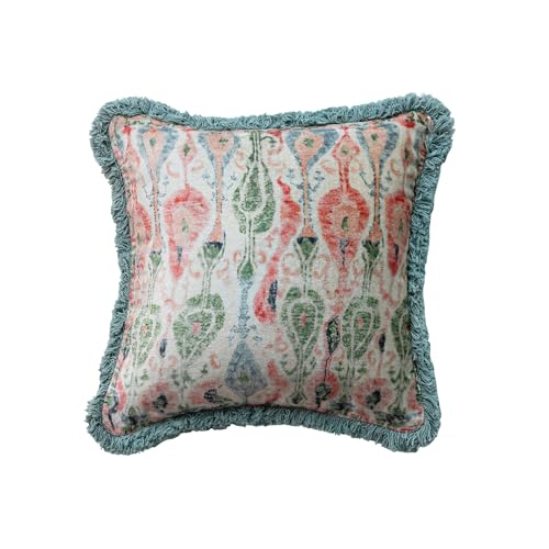 Creative Co-Op Cotton Velvet Printed Square Pillow with Pattern and Eyelash Fringe Multicolor