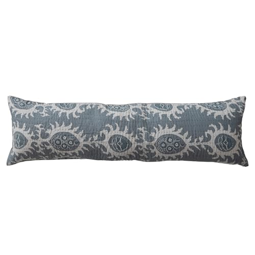 Creative Co-Op Cotton Voile Printed Lumbar Pillow with Hand-Embroidered Kantha Stitch and Chambray Back Blue and White