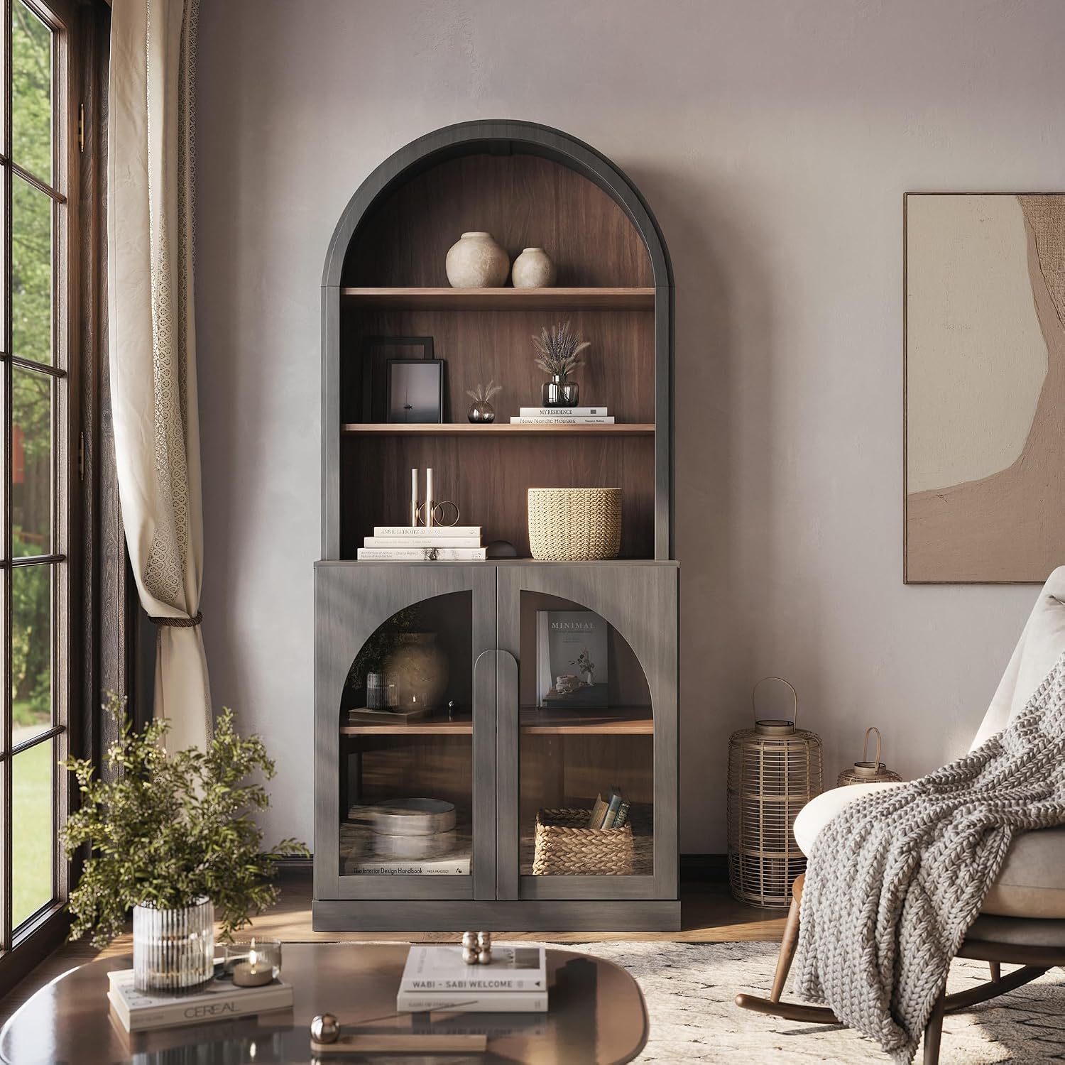 BELLEZE Arched Bookshelf with Glass Doors 71 Tall Wood Display Cabinet with Adjustable Shelf and Hutch 5 Tier Modern Bookcase Shelf with Storage for Living Room Office Ebony