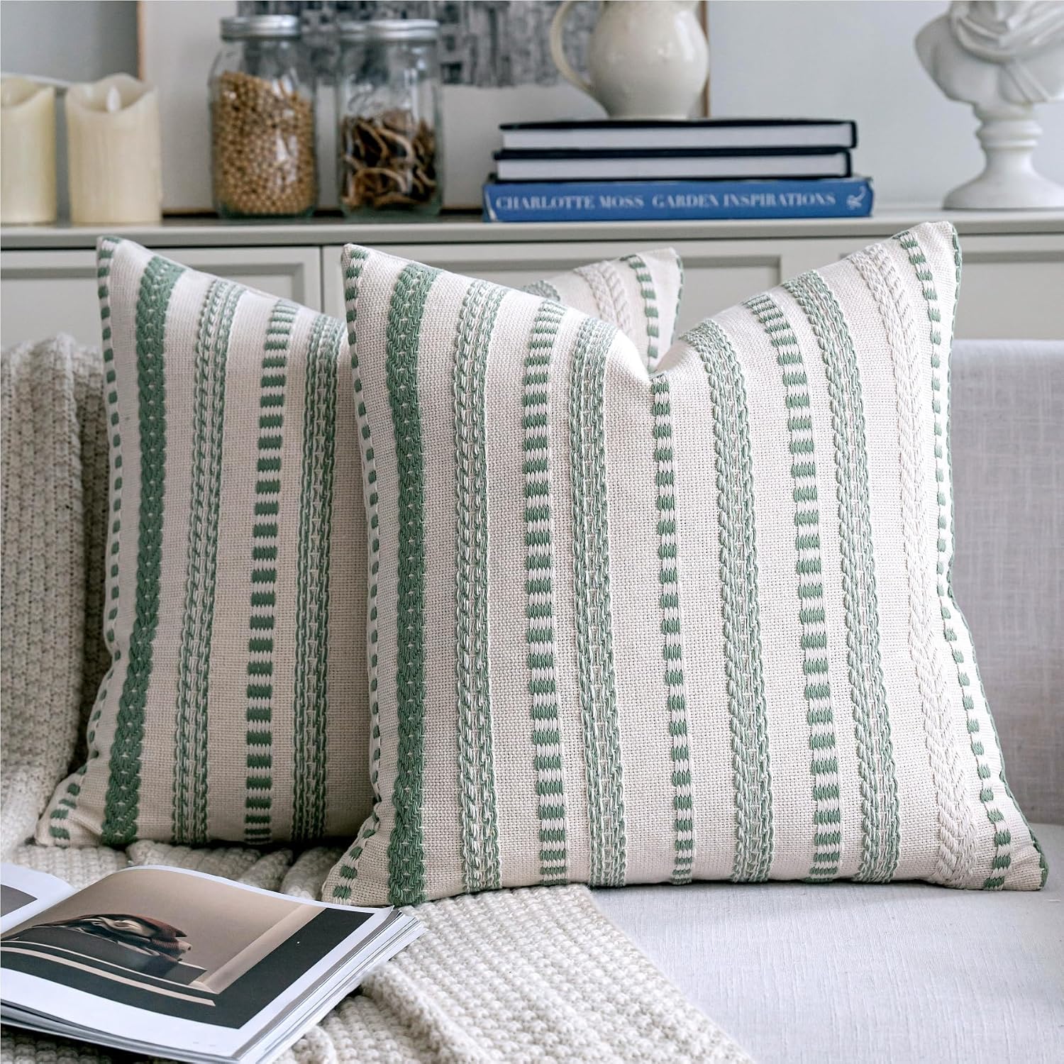 Cethom Sage Green Boho Throw Pillow Covers 20x20 Inch Set of 2 Stripe Textured Decorative Couch Pillow Cases for Bed Sofa Living Room Bedroom Farmhouse Home Accent Cushion Covers