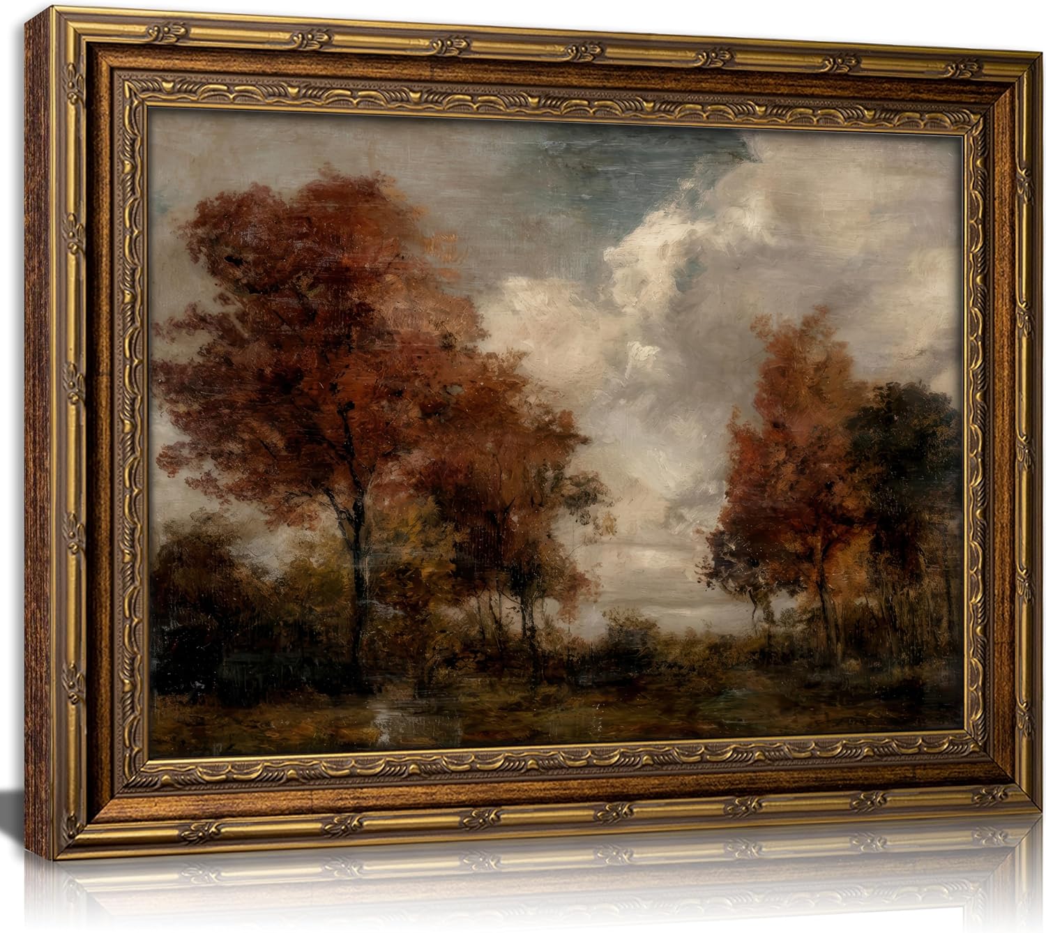 Vintage Gold Framed Wall Art Autumn Forest Landscape Oil Painting Print Rustic Fall Nature Decor for Living Room Bedroom Office Ready to Hang